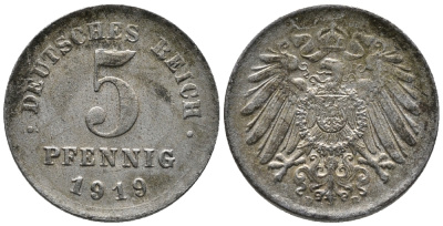 ГЕРМАНИЯ 5 ПФЕННИГОВ 1919 D KM 19, J. 297 железо 39-262