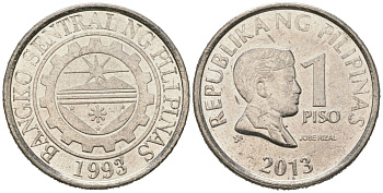 Филиппины 1 писо 2013 KM 269a сталь плакированная никелем aUNC 4620-521