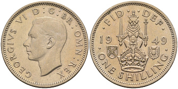 Великобритания 1 шиллинг 1949 Георг VI (1936-1952), Шотландский герб KM 877, Spink 4109 медно-никель 4589-1017