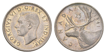 Канада 25 центов 1941 Георг VI (1936-1952), олень KM 35 серебро 4622-812