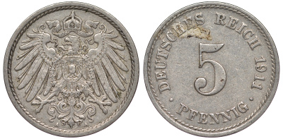 Германия 5 пфеннигов 1911 E KM 11, Jager 12, Weege 6 медно-никель 25-1713