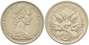 АВСТРАЛИЯ 5 ЦЕНТОВ 1968 ЕЛИЗАВЕТА II (1952-) МОЛОДОЙ ПОРТРЕТ, ЕХИДНА KM 64 медно-никель 218-113