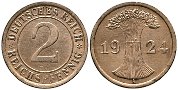 ГЕРМАНИЯ 2 РЕЙХСПФЕННИГА 1924 A KM 38, J. 314 бронза 24-727