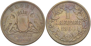 Баден 1 крейцер 1864 Великий Герцог Фридрих I (1856-1907) КМ 242 медь 117-834