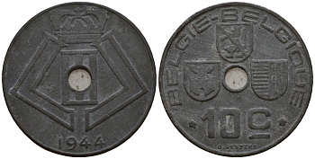 Бельгия 10 сантимов 1944 Belgie - Belgique, Леопольд III (1934-1947), германская оккупация, Вторая мировая война KM 126 цинк 4601-625