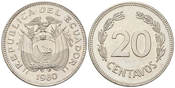 Эквадор 20 сентаво 1980 KM 77.2a сталь плакированная никелем aUNC 4611-722