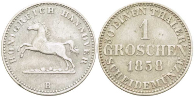 Брауншвейг-Каленберг-Ганновер 1 грош 1858 В, Георг V (1851-1866) KM 236, Jaeger 93, AKS 149 серебро 206-333