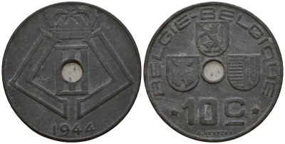 Бельгия 10 сантимов 1944 Belgie - Belgique, Леопольд III (1934-1947), германская оккупация, Вторая мировая война KM 126 цинк 4601-625