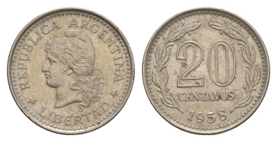 Аргентина 20 сентаво 1958 KM 55 сталь плакированная никелем 4655-1031
