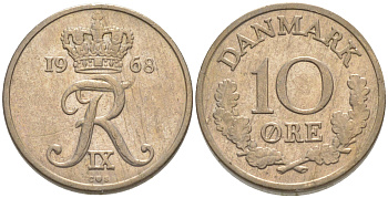 ДАНИЯ 10 ЭРЕ 1968 ФРИДЕРИК IX KM 849.1 медно-никель UNC 187-649