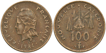 Французская Новая Каледония 100 франков 1984 хижина среди сосен и пальм, (IEOM) KM 15, Schoen 16, Lec 134 никель латунь 4137-824