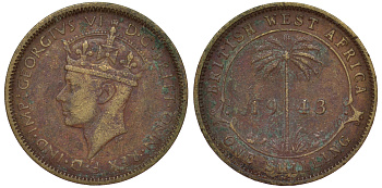 Британская Западная Африка 1 шиллинг 1943 Георг VI KM 23 никель латунь 25-1735