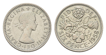 Великобритания 6 пенсов 1958 Елизавета II (1952-2022) KM 903, Spink 4149 медно-никель 4651-1157
