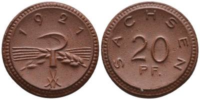 Саксония 20 пфеннигов 1921 колосья и серп J. N 53 фарфор UNC 1094-8-15