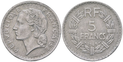 Франция 5 франков 1949 закрытая 9 KM 888b.1, Le Franc 339 алюминий 4599-134