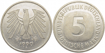 ФРГ 5 МАРОК 1990 F, J. 415, KM 140.1 медно-никель плакированный никелем 109-846