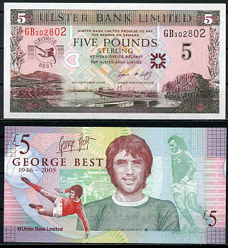 Северная Ирландия 5 фунтов 2006 футбол, футболист Джордж Бест Pick 339 бумага UNC (пресс) 451-5-2