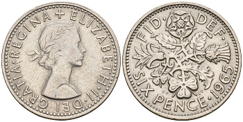 Великобритания 6 пенсов 1965 Елизавета II (1952-2022) KM 903, Spink 4149 медно-никель    4152-1213