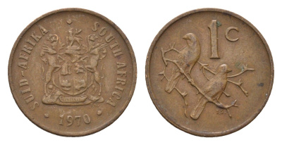 ЮАР 1 цент 1970 герб, капские воробьи KM 82 бронза 4690-1169