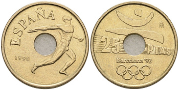 Испания 25 песет 1990 БАРСЕЛОНА 92, ДИСкобоЛ, Хуан Карлос I (1975-2001) KM 850 никель бронза 4567-524