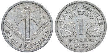 ФРАНЦИЯ 1 ФРАНК 1943 LB, ТИП LEGERE, ПРАВИТЕЛЬСТВО ВИШИ KM 902.1, LE FRANC 223.3 алюминий 45-746