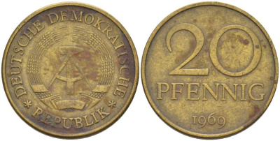 ГДР 20 пфеннигов 1969 А, первый год KM 11 латунь 61-653