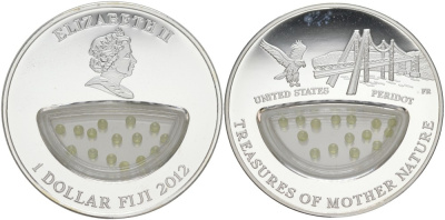 Фиджи 1 доллар 2012 серия Сокровища матери-природы, перидот, в коробке, с сертификатом KM 451 серебро PROOF 00-00-00
