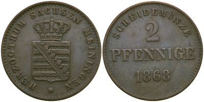 Саксен-Мейнинген 2 пфеннига 1868 Георг II (1866-1914) KM 174 медь 99-657
