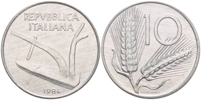 ИТАЛИЯ 10 ЛИР 1984 R, КОЛОСЬЯ, ПЛУГ KM 93 алюминий UNC 4551-234