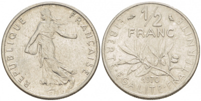 ФРАНЦИЯ 1/2 ФРАНКА 1970 KM 931.1 никель 110-135