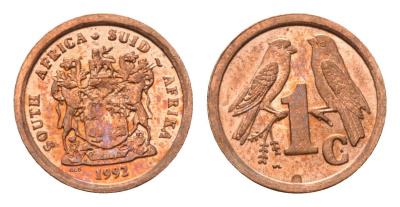 ЮАР 1 цент 1992 герб, капские воробьи KM 132 сталь плакированная медью UNC 4694-113