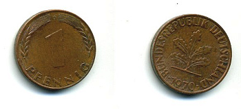 ФРГ 1 ПФЕННИГ 1970 G KM 105, J 380 сталь плакированная медью 46-133