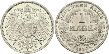 Германия 1 марка 1914 E Weege 18, J. 17, KM 14 серебро aUNC 98-1213