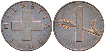 ШВЕЙЦАРИЯ 1 РАППЕН 1963 B KM 46 бронза 188-262