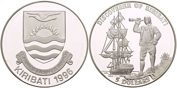 Кирибати 5 долларов 1996 открытие Кирибати, парусник KM 19 серебро PROOF 1081-7-42