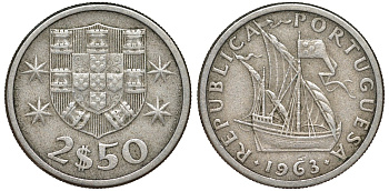 Португалия 2,5 эскудо 1963 парусник KM 590 медно-никель 51-4142