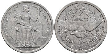 Французская Новая Каледония 2 франка 1977 птица кагу, (IEOM) KM 14, Schoen 11, Lec 58 алюминий    08-741