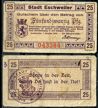 Германия, Эшвайлер 25 пфеннигов 1918 нотгельд, 1.10.1918 бумага 8614-44-2-2