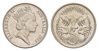Австралия 5 центов 1993 Елизавета II (1952-2022), ехидна KM 80 медно-никель UNC 4658-116