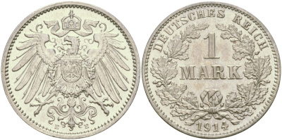 Германия 1 марка 1914 E Weege 18, J. 17, KM 14 серебро aUNC 98-1213