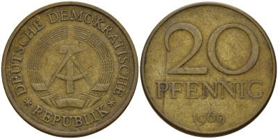 ГДР 20 пфеннигов 1969 A, первый год KM 11 латунь 92-553