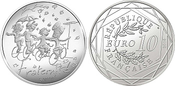 Франция 10 евро 2014 карикатуры Жан-Жака Сампе, осень-братство, дети с зонтом на велосипедах, в оригинальном буклете KM NEW серебро UNC 1-4-3-10