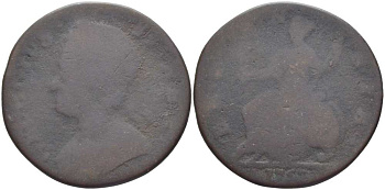 Великобритания 1/2 пенни 1753 Георг III (1727-1760) KM 759.2, Spink 3719 медь 111-821