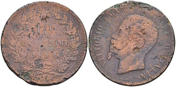 ИТАЛИЯ 10 ЧЕНТЕЗИМО 1866 N, ВИКТОР ЭММАНУИЛ II (1861-1878) KM 11.4 медь 4184-1132