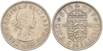 Великобритания 1 шиллинг 1961 Елизавета II (1952-2022), Английский герб KM 904, Spink 4147 медно-никель 4556-637