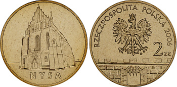 Польша 2 злотых 2006 MW, серия польские города, Ныса (Nysa) KM 570 нордик UNC 4676-424