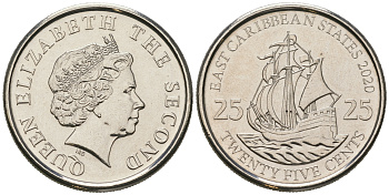 Восточно-Карибские штаты 25 центов 2020 Елизавета II (1952-2022), парусник KM 38 a никелированная сталь  UNC  M60-11