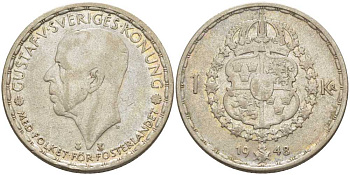 Швеция 1 крона 1948 TS, Густав V (1907-1950) KM 814 серебро 119-1125