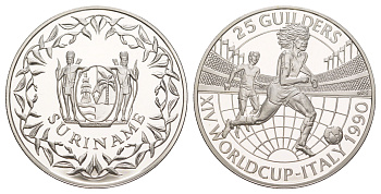Суринам 25 гульденов 1990 Чемпионат мира по футболу 1990, Италия KM 32 серебро PROOF 1083-2-44