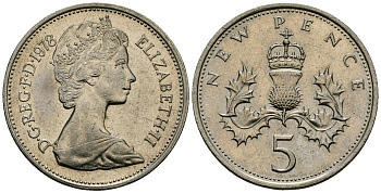 Великобритания 5 пенсов 1978 Елизавета II (1952-2022) KM 911, Spink 4233 (D1) медно-никель 4538-225